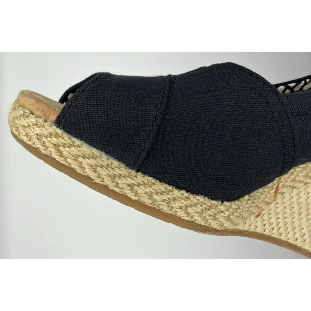 TOMS Womens 7.5 Black Canvas Peep Toe Espadrille Wedge Heels Slip On Shoes